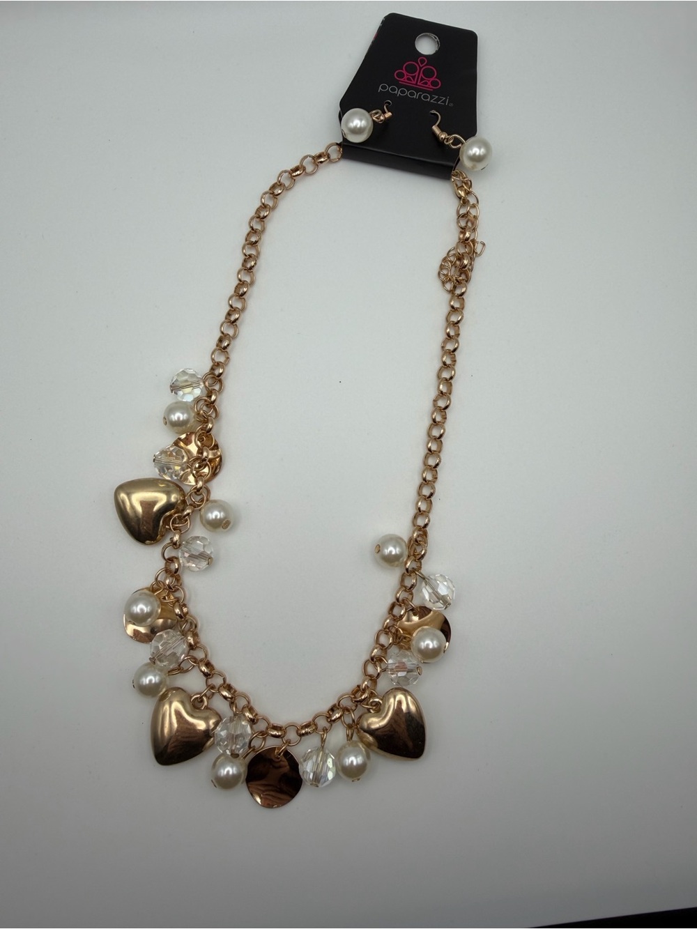 NWT Paparazzi True Loves Trove Gold Pearl Crystal Heart Necklace & Earrings Set